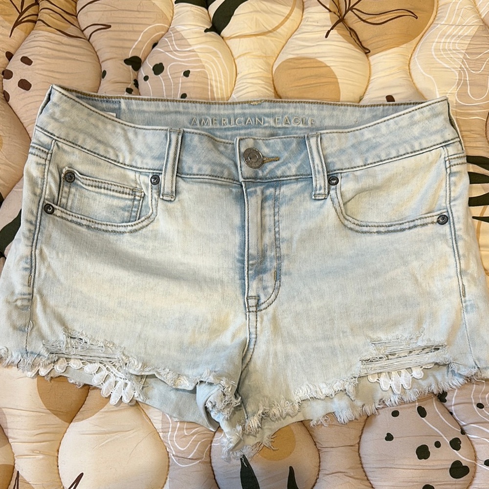 American Eagle Outfitters Light Blue Jean Distressed Shortie Shorts